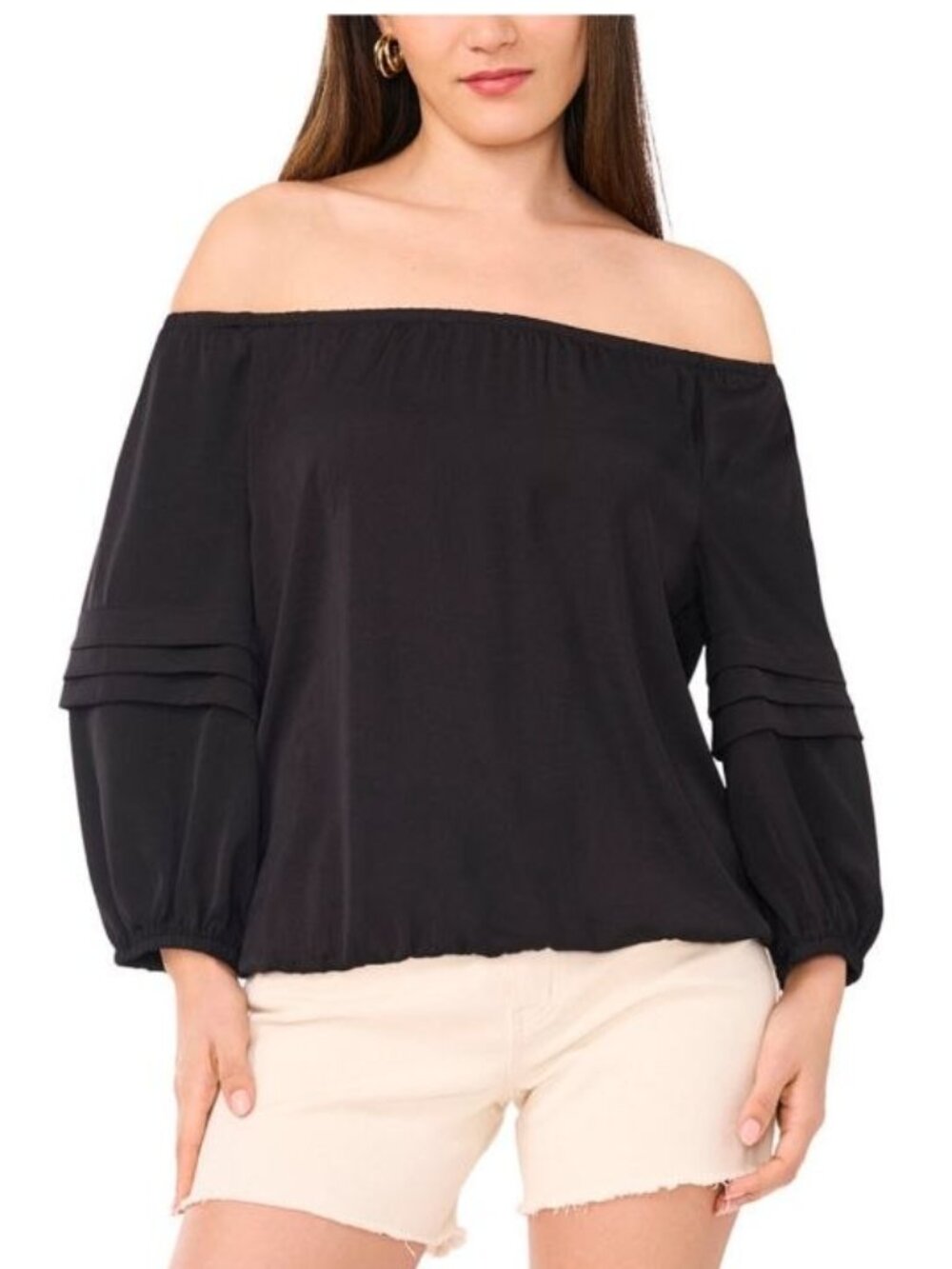 $79 Vince Camuto Women's Off-The-Shoulder Pleated-Sleeve Top Black Size XXS